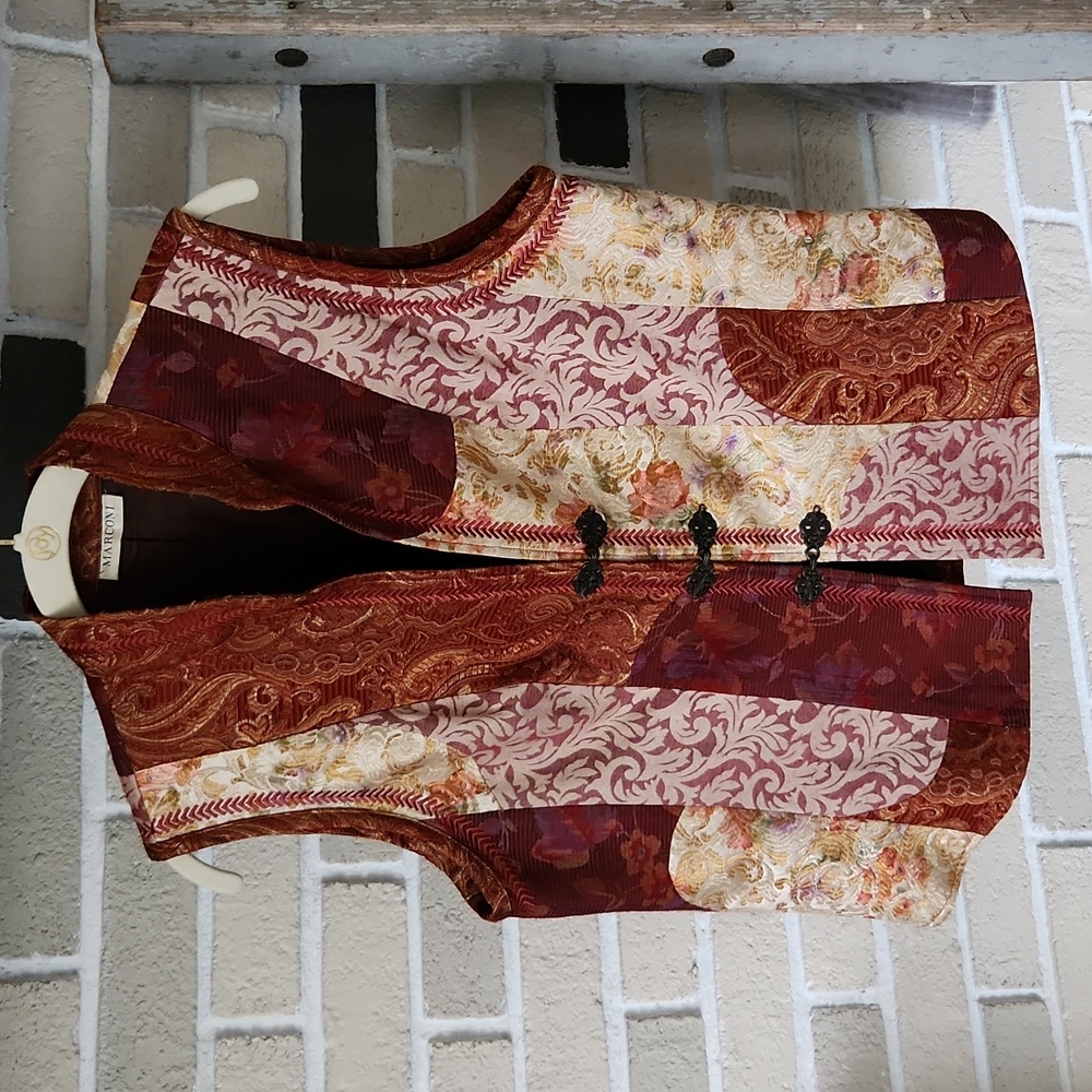 Marconi Vintage Patchwork Tapestry Vest Frog Closures Boho Paisley Floral